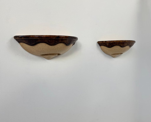 Paire d'appliques murales vintage porcelaine émaillée beige et marron, France 1960