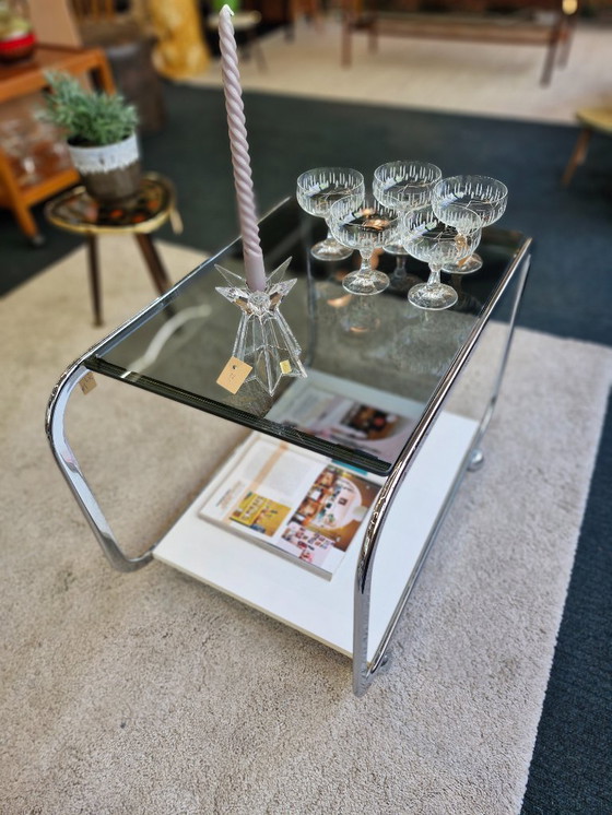 Image 1 of Table d'appoint trolley vintage style Space Age, verre fumé/blanc années 70