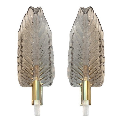 Satz von zwei Mid Century Modern Gray Leaf Murano Glas Wandleuchter