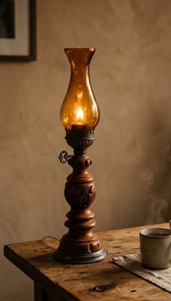 Lampada da Tavolo in Legno Intagliato con Paralume in Vetro Ambrato, Lampade da tavolo, Marrone, Vintage (foto 7 di 8)