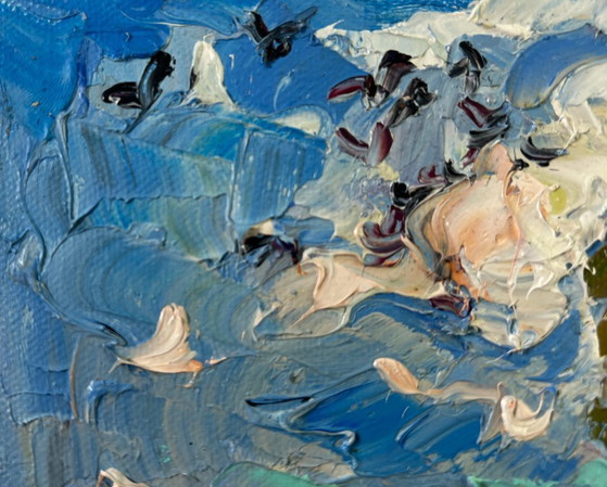 Image 1 of Peinture à l'huile originale, paysage naturel, champ, vent froid d'été