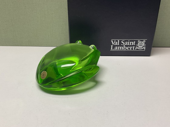 Image 1 of crystal green frog paperweight / Val Saint Lambert, designed by Katherine de Sousa.