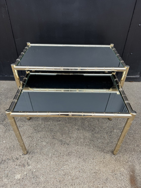 Image 1 of Nesting tables in gold-tone metal, bamboo, and mirror, 1970s style