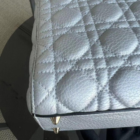 Image 1 of *FLAP OPEN* DIOR LADY MEDIUM - GRAINED CALFSKIN METALLIC SILVER GOLDEN HARDWARE