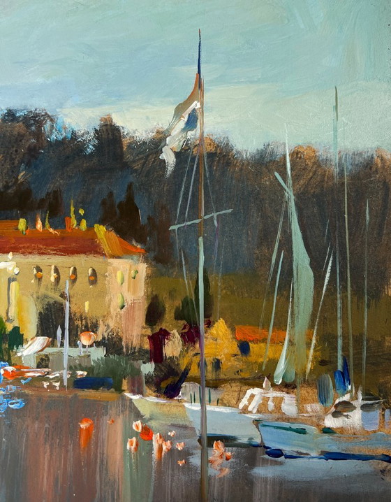 Image 1 of Original Oil Painting Coastal City Landscape Between the sea and the sky