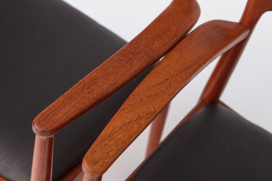 Image 1 of Set of 2 Henning Kjærnulf Armchairs, Korup Stolefabrik 1960s, Danish Teak Chairs, Black Leather, Mid Century Modern