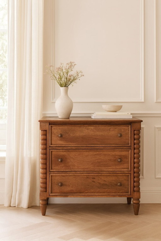 Commode en bois de manguier – 3 tiroirs avec pieds en bois tournés
