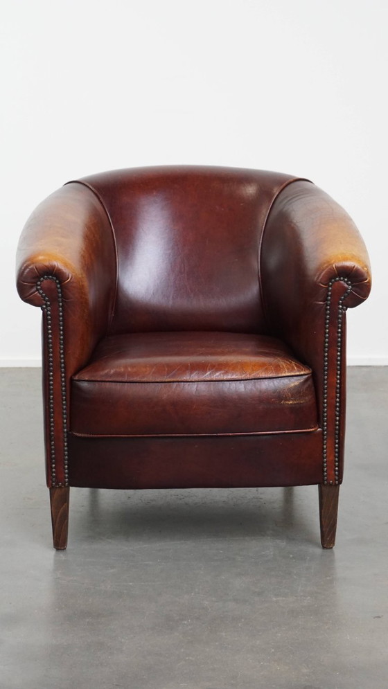 Image 1 of Sedia club in pelle di vacchetta in stile inglese con cuscino di seduta fisso