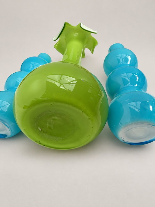 Vintage Empoli Italy Opaline Vases Set 60s/70s – Turquoise & Lime – vazen, Glass (photo 2 of 9)