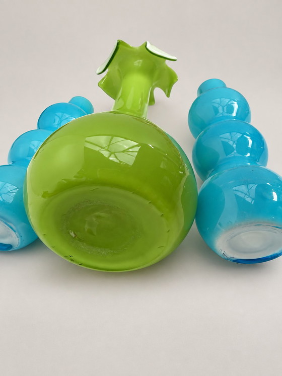 Vintage Empoli Italy Opaline Vases Set 60s/70s – Turquoise & Lime – emporio italy, Glass (photo 2 of 9)