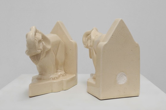 Image 1 of French Art Deco Ceramic Bookends in Elephant Motif, 1930s 