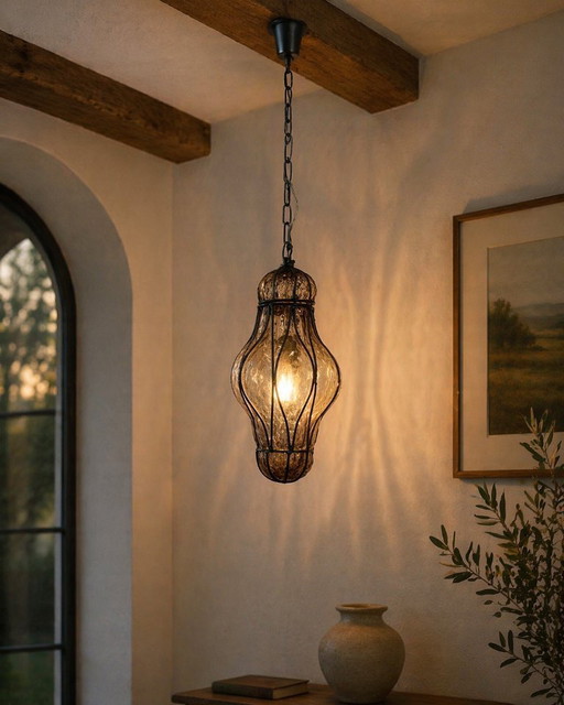 Lámpara de araña tipo farol de Murano, fabricada en Italia en 1970, color ámbar.