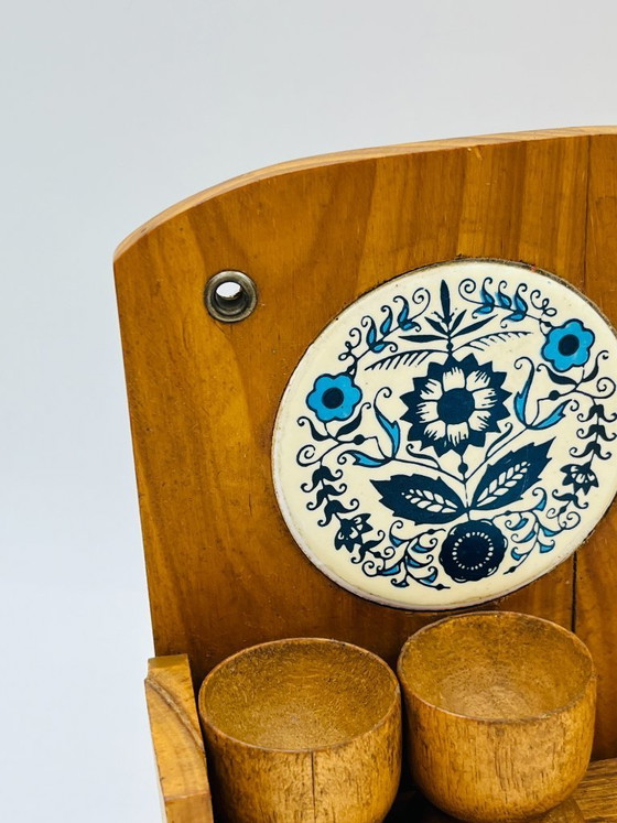 Image 1 of Wooden wall-mounted egg cup holder and utensil holder