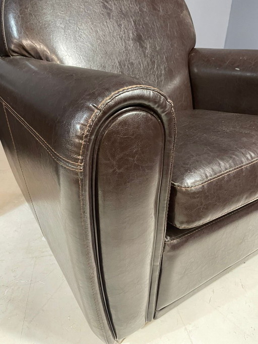 Pair of Leather Armchairs in French Art Deco Style, 1970s