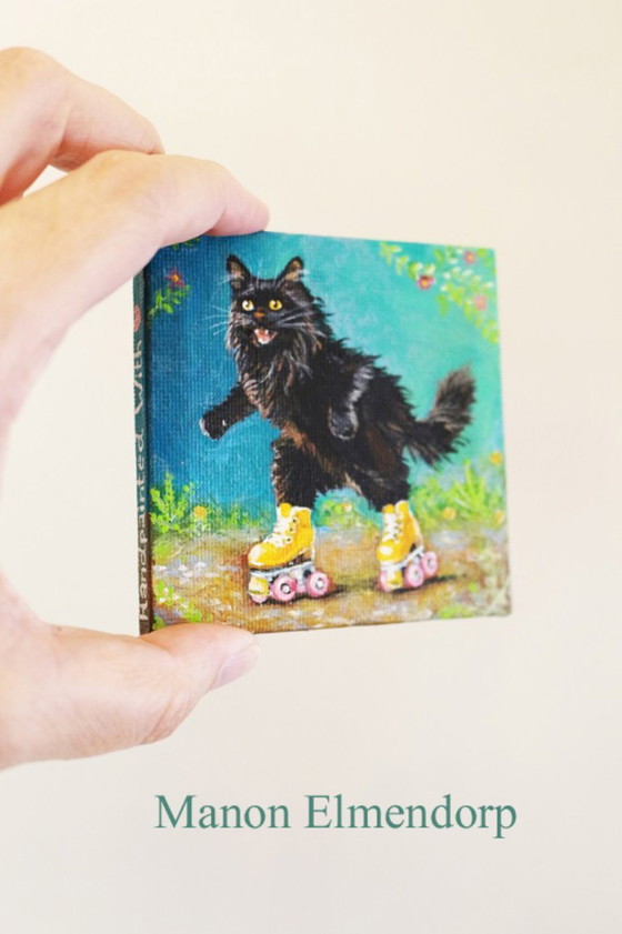 Unique Hand-Painted Small Painting of a Roller Skating Cat – Paintings & Drawings, Canvas, Wood (photo 2 of 6)
