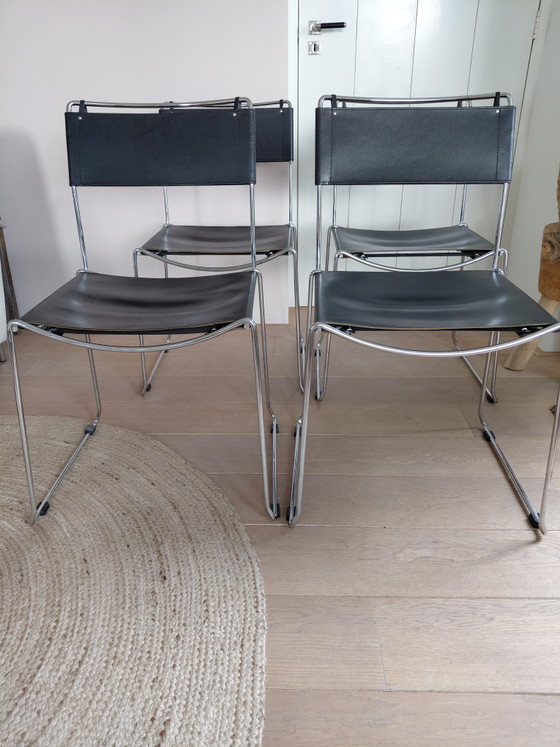 Vintage Italiaans design stoelen van Giandomenico Belotti in leer en chroom – Eetkamerstoelen, Leather, Metal (photo 4 of 5)