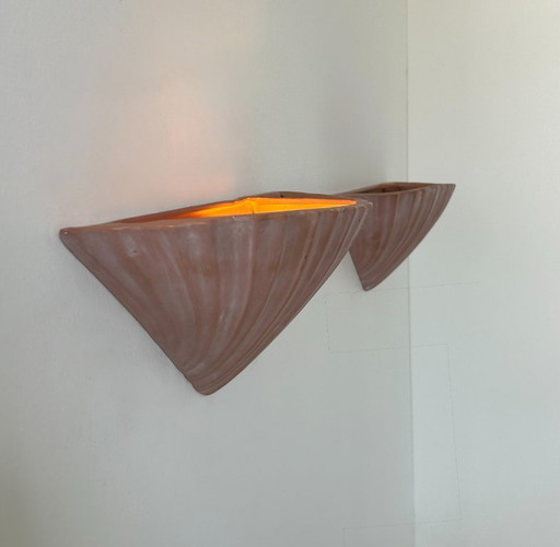 Pair of terracotta plaster shell sconces, France 1970