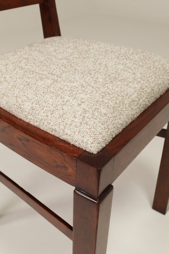 Image 1 of Art deco antieke eetkamerstoel eiken hout sneeuwvlokken stof 1950