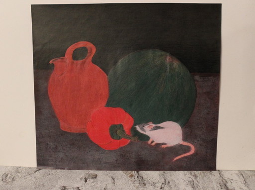 Artist's painting: interesting still life with a rat as the main subject among melon, pepper and water jug, unique piece