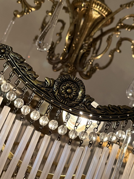 Vintage Bronze Art Nouveau Chandelier Opal Rods and Teardrop Pebbles – Crystal (photo 13 of 13)