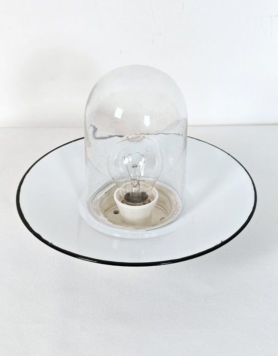 Image 1 of Vintage Industrial Enamel Wall Sconce / 1970s Yugoslavia TEP Era Flush Mount Ceiling Light / Clear Glass Capsule Lamp 