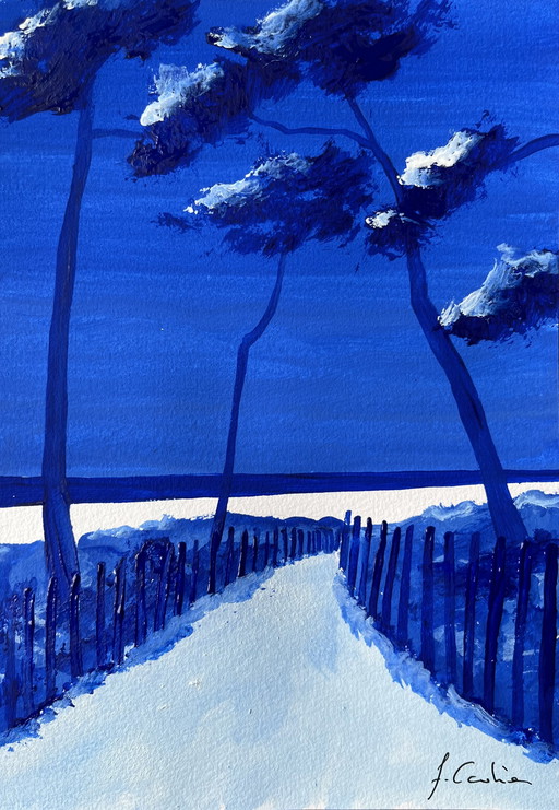 Set of 3 ultramarine blue sketches, 21x15cm