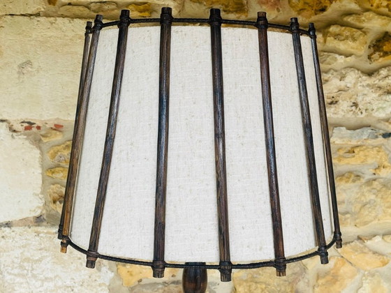 Image 1 of Mid-Century, Turned Wood, Bamboo Rattan Floor Lamp Circa 1950s