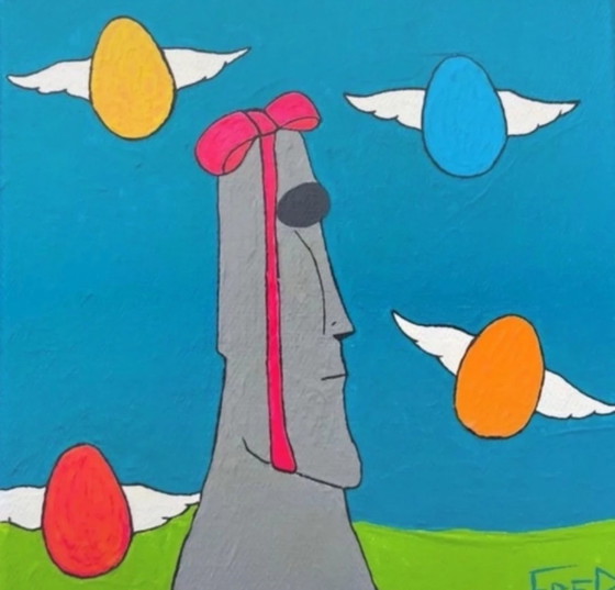 Image 1 of Acrylique sur châssis 20x20cm. Moai Pâques 