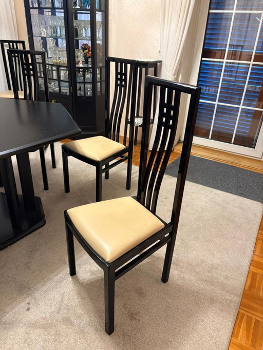 6 chairs, model Lotus, lacquer, high-gloss, black, seat cushions in leather, apricot
