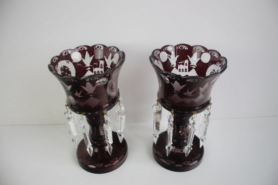 Image 1 of Antique Set of 36 pieces of Artistic cut Ruby red glass, Egermann, 1950's. 