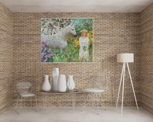 Original Oil Painting Abstract Girl With Horse Nature Spring – schilderijen tekeningen, Canvas (photo 2 of 8)