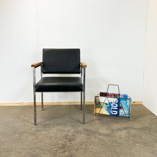 Armchair by Fröscher KG, stainless steel, oak and imitation leather, 1970s