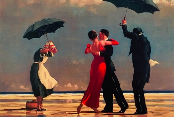 Image 1 of Jack Vettriano: "Il maggiordomo cantante". Con cornice in legno e vetro acrilico antiriflesso.