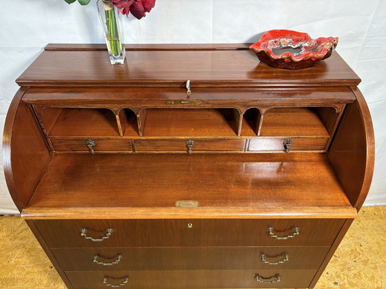 Image 1 of Mid-Century Swedish Teak (or Walnut) Roll-Top Bureau by Egon Østergaard for AB Bröderna Gustafssons 1960  Bring a timeless Scand