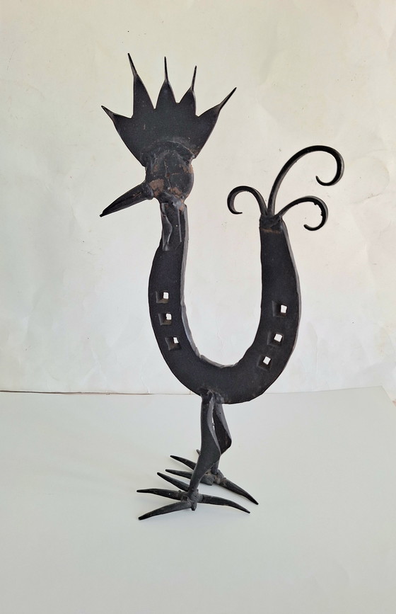 Image 1 of Marolles-style folk art stylized rooster figure from a horseshoe. Vintage 1950-1960.