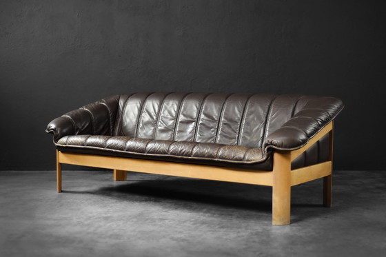 Image 1 of Divano vintage danese a 3 posti in pelle marrone, stile Mid-Century Modern, anni '70