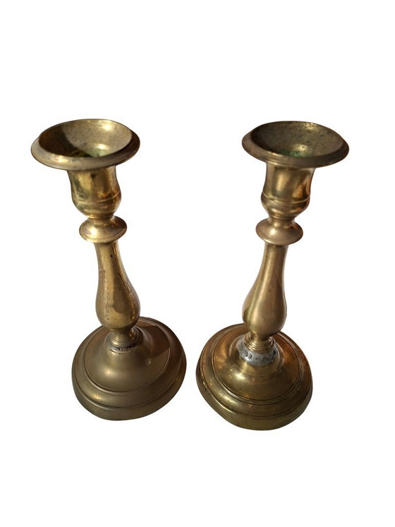 Image 1 of Paar antieke messing kandelaars - Klassieke stijl, hoogte 21 cm