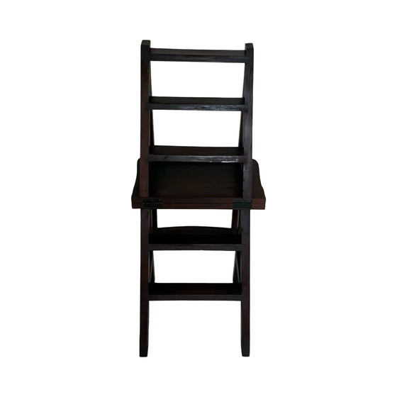 Image 1 of Escalier de bibliothèque ancien / Chaise pliante - Bois dur français - Inventé par Benjamin Franklin (Franklin-chair) !