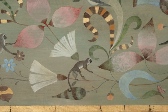 Image 1 of Contemporary painted canvas with a decoration of lemurs, birds and flowers.