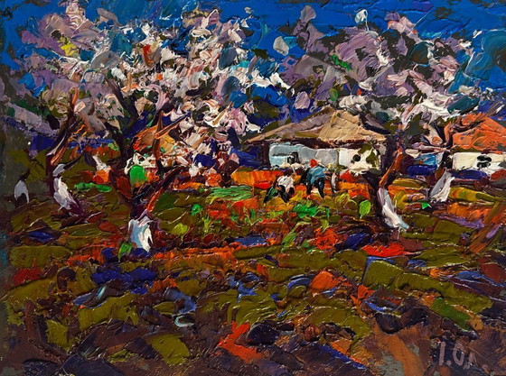 Image 1 of Original Oil Painting Summer Village Landscape The gardens are blooming