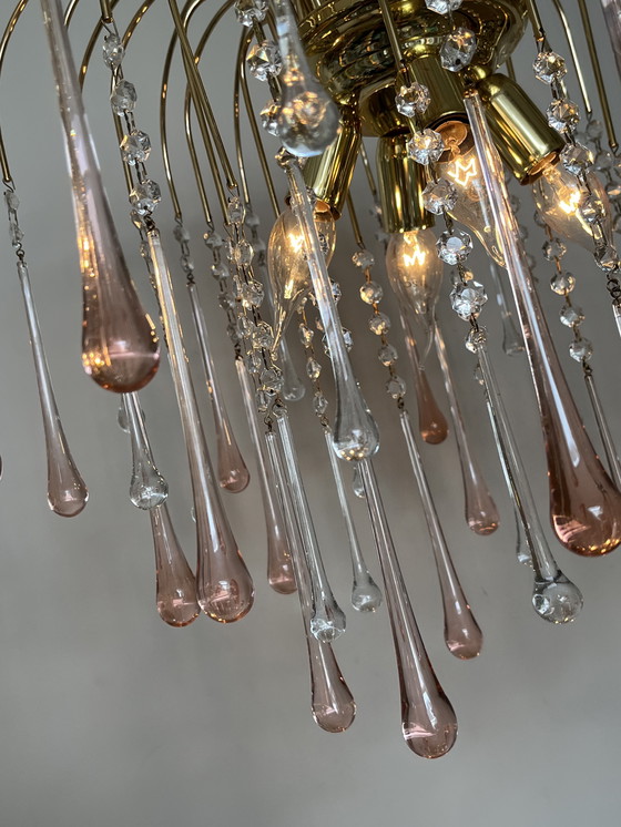 Image 1 of Lampada a sospensione vintage XXL in cristallo rosa a goccia, italiana