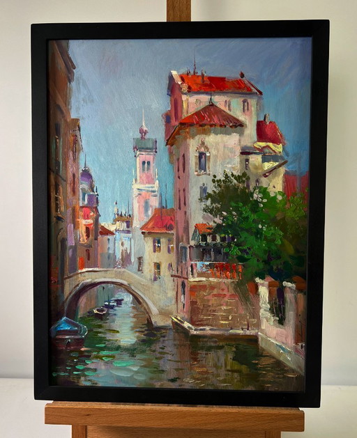 Original Oil Painting River Street Landscape City in the reflection of water