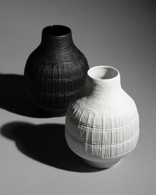 ROSENTHAL Vase Duo STRUCTURA RIBS Bisque Porcelaine Noire Elsa Fischer-Treyden