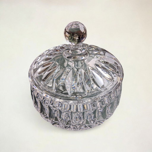 Rare Mid - Century candy jar made of crystal glass with diamond cut | 60s | Vintage glass jar with lid