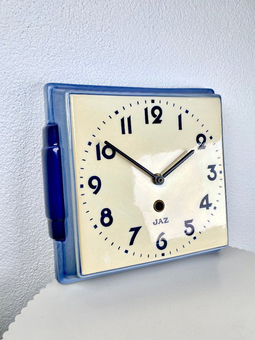 French Vintage Ceramic Wall Clock by Jaz - Retro White Blue Home Decor Accents & Vintage Clocks