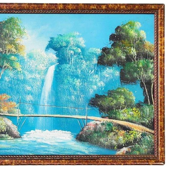 Image 1 of Vintage Indonesiano pittura ad olio XL paesaggio cascata
