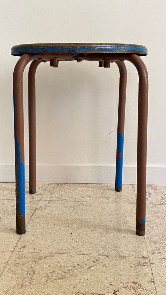 Image 1 of Paar industriële stalen PATINE TABOURETS Blauw & Chocolade VINTAGE