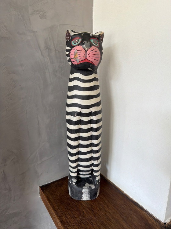 Image 1 of Vintage houten kat zwart wit 46cm hoog
