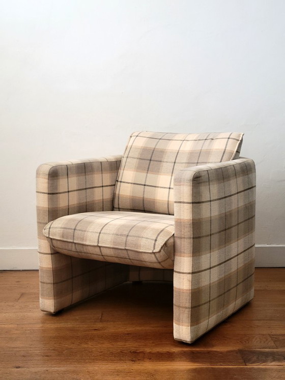 Postmodernistische clubfauteuil met geruite bekleding, jaren 80 – Textile (photo 2 of 12)