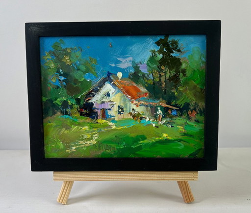 Original Oil Painting Rural House Landscape Quiet village life
